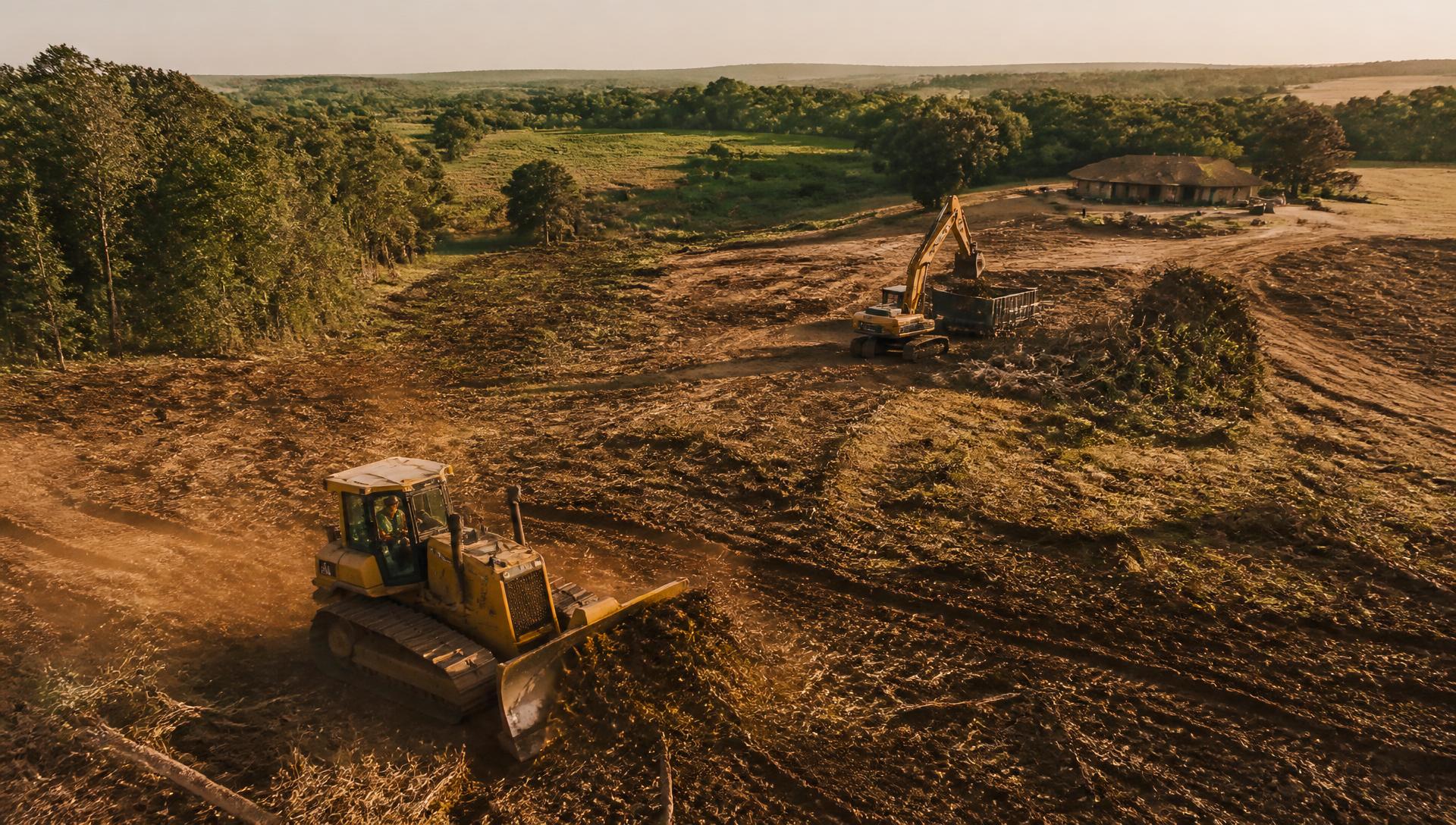 Land clearing crew operating heavy equipment